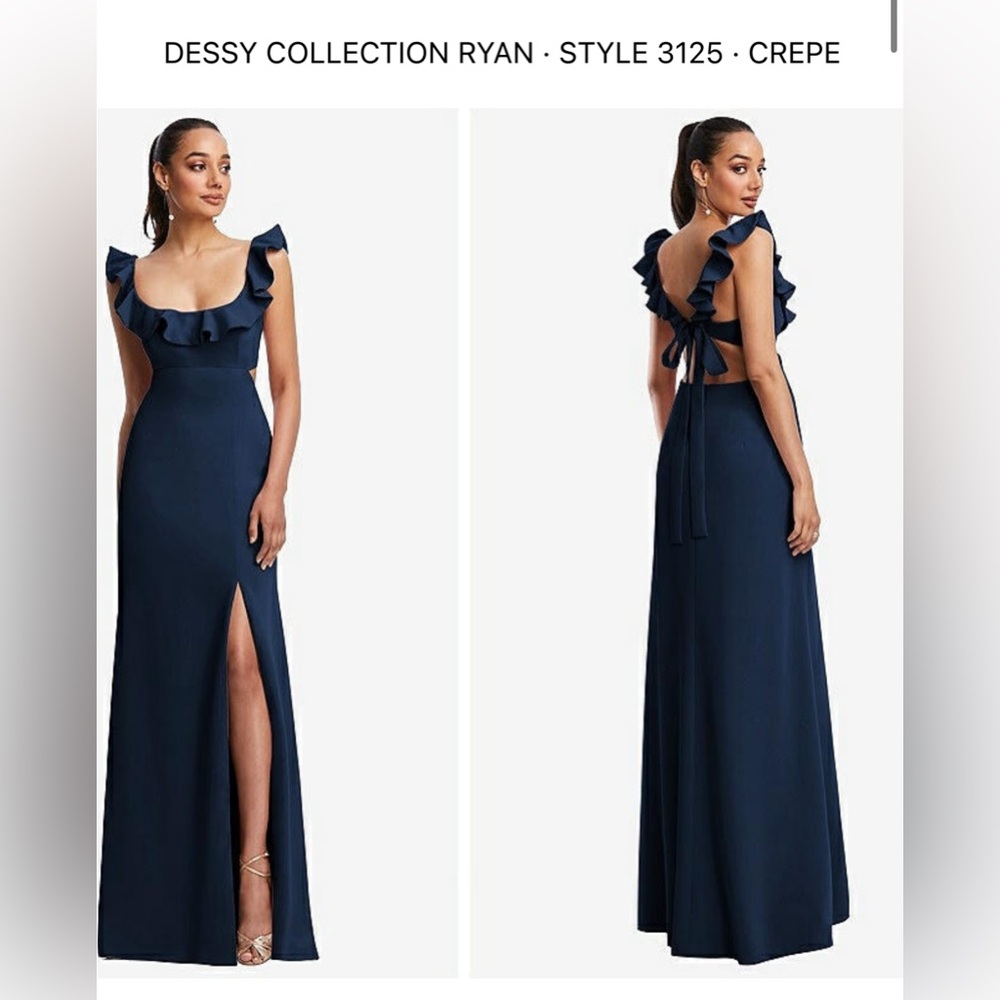 Dessy Collection Navy Crepe Maxi Dress with Ruffle neckline & Cutout tie back